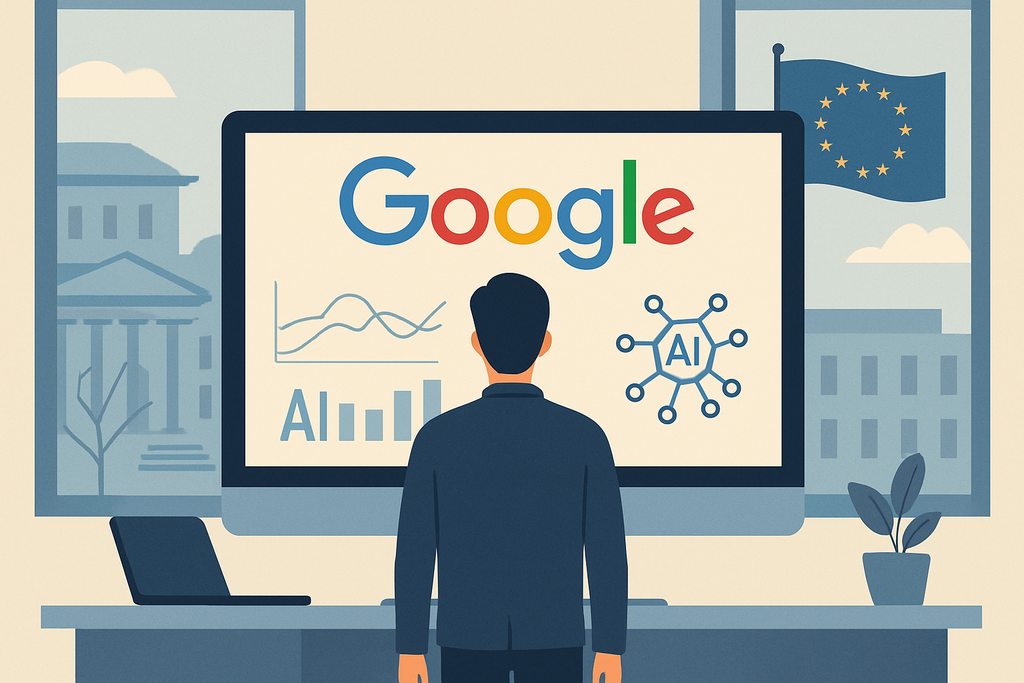 這張圖片展示一名男性面對大型顯示器,螢幕上顯示有關人工智慧的數據分析圖表、Google標誌及AI符號,背景是典雅的辦公室,窗外可見歐盟國旗,寓意在企業環境中運用人工智能進行網站經營的可能性。