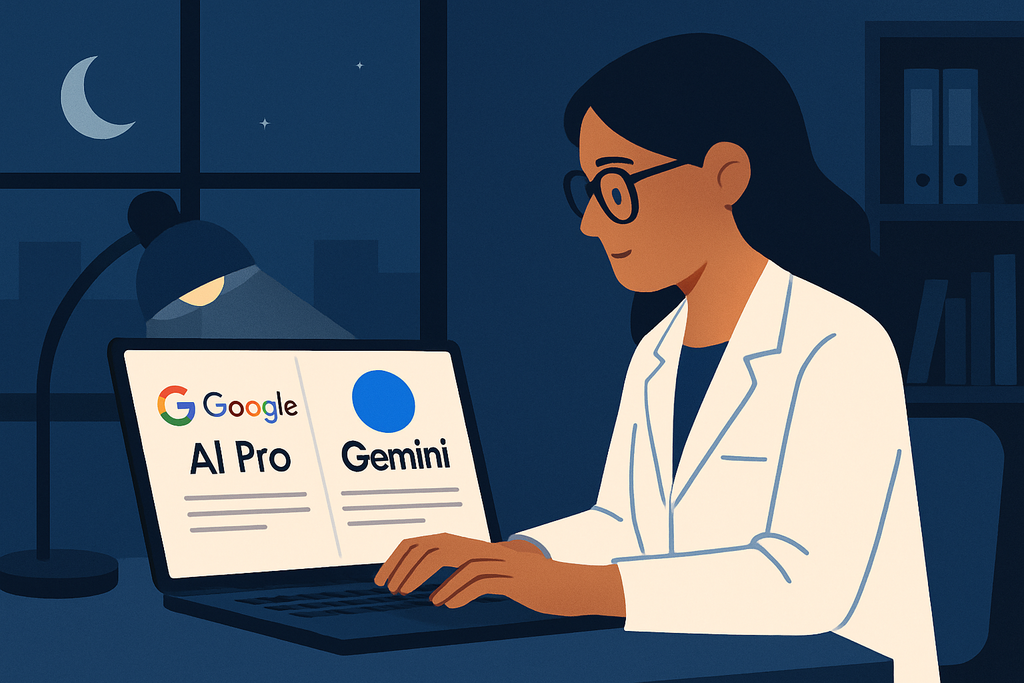 圖片顯示一位穿著白袍的女性,坐在書桌前使用筆記型電腦,電腦螢幕上顯示Google的AI Pro和Gemini的比較資訊。背景是夜晚,窗外可見月亮與星星,書架上有書籍,為她的網站經營提供靈感。
