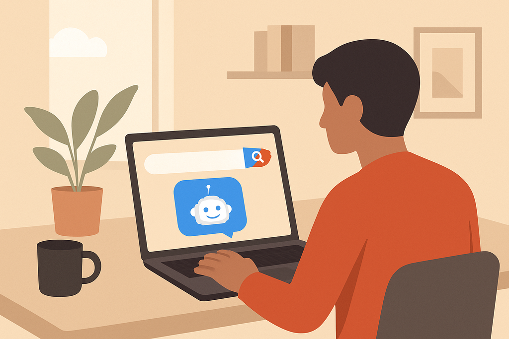 一名使用者坐在辦公桌前,正專注使用筆記型電腦與人工智能聊天機器人互動。螢幕上顯示著搜尋欄和可愛的聊天機器人圖示,背景有一盆綠色植物,營造出輕鬆的工作氛圍。
