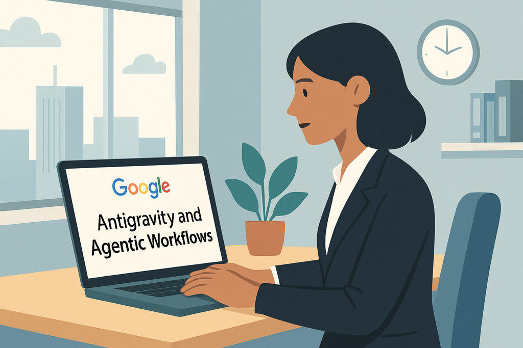 一位專業女性坐在辦公桌前,正專注於筆記型電腦螢幕,螢幕上顯示Google的相關內容,旁邊有一盆綠色植物,辦公室的窗外可見城市風景,整體環境給人現代感,體現了人工智慧和網站經營的結合。