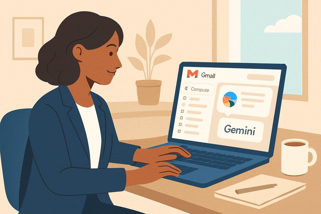 這張圖片展示了一位女性在家中辦公，她正在使用電腦查看Gmail郵件，其中有關於人工智能Gemini的通知。畫面背景中有植物與窗外的藍天，營造出舒適的工作環境，反映當前網站經營與人工智能應用的趨勢。