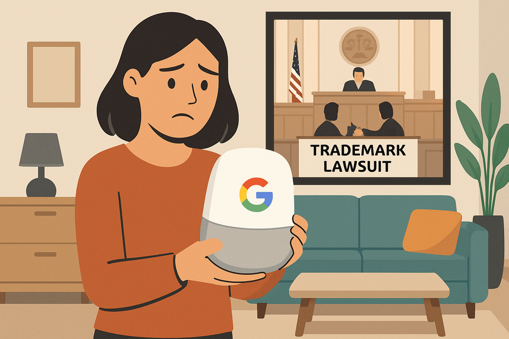 這張圖片展示一位女性在家中擔心的表情，手中握著一個印有Google標誌的產品，背景是法庭場景，顯示有關商標訴訟的情況，此情境引發關於人工智慧及網站經營的法務警示。
