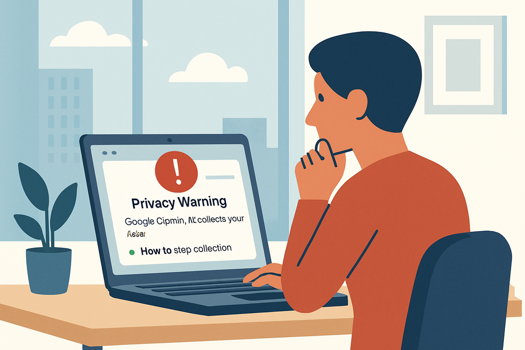 此圖片展示一名男子坐在桌前，專注地觀看螢幕上的隱私警告，提醒他人工智能會收集資料，場景背景包含窗戶外的城市風景，桌上還有一盆綠色植物，展現現代辦公環境。