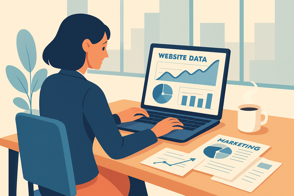 這張圖片展示了一位女性正在辦公桌前工作，目光專注於她的筆記型電腦螢幕上，螢幕上顯示著網站數據分析的圖表，桌上還放著一杯熱咖啡和一些關於市場行銷的報告，背景有綠色植物和日光透進來的窗戶。