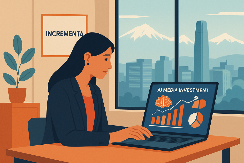 在現代辦公室環境中，一位女性專注於筆記型電腦的螢幕，螢幕顯示與人工智慧和媒體投資相關的數據圖表，窗外可以看到城市的美麗景觀。