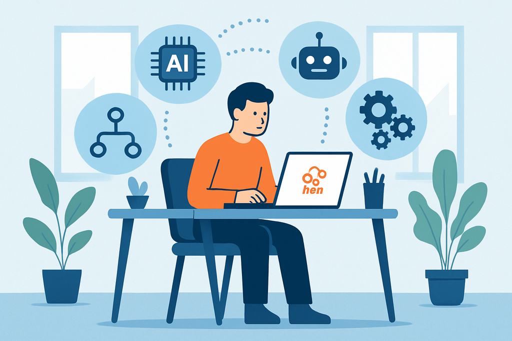 一名男性坐在桌前,專注於使用筆記型電腦,螢幕上顯示著與人工智慧(AI)相關的圖示,旁邊有綠色植物與文具,背景是明亮的窗戶,展現出網站經營與網頁設計的環境。