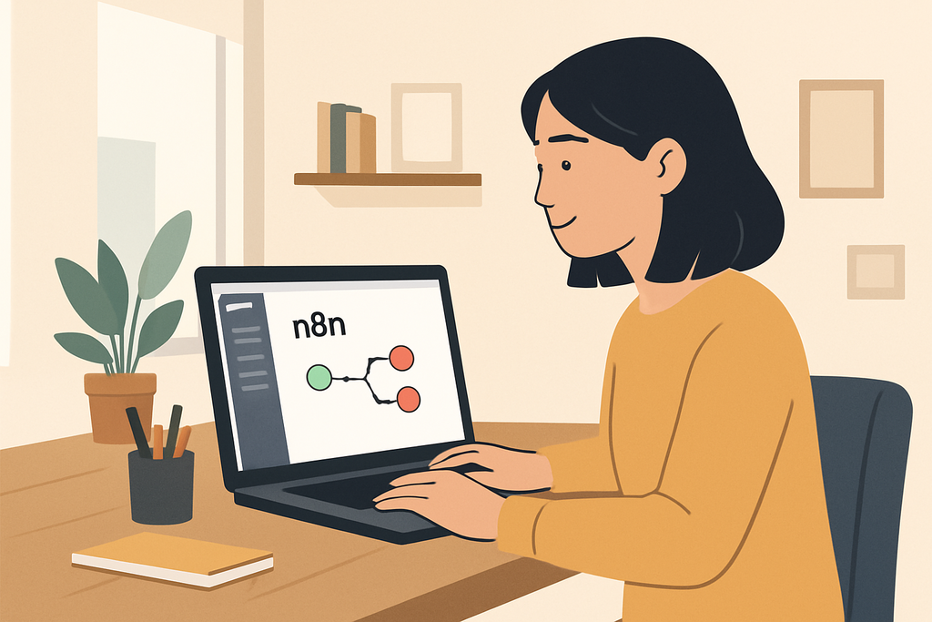 一名女性坐在桌前,專注地使用筆記型電腦進行人工智慧相關的網站設計,螢幕上顯示著 n8n 工具的圖形介面,旁邊擺放著一盆綠色植物與文具,展現出一個舒適的工作環境。