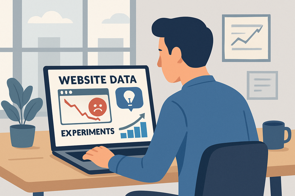 一位男子坐在桌前，專注地看著電腦屏幕，屏幕上顯示著網站數據的實驗結果，包括下滑的趨勢線和情緒表情圖示，周圍環境有一盆植物和咖啡杯，呈現出專業且舒適的工作氛圍，與人工智慧及網站經營息息相關。