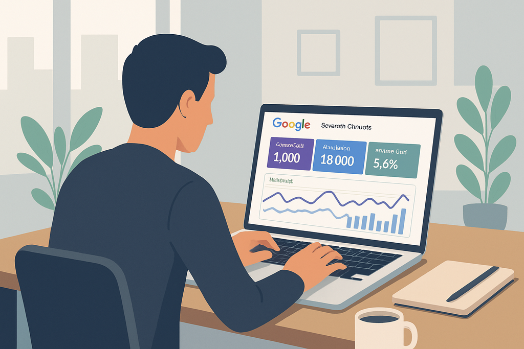 一位男性正坐在辦公桌前，專注於他的電腦螢幕，螢幕顯示著關於網站經營的數據分析，包含各種指標和圖表，這是利用人工智慧來進行網站績效監控的情境。