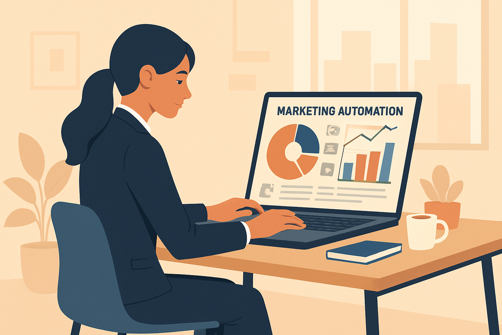 一位女性坐在辦公桌前，專注地使用筆記型電腦進行行銷自動化分析，螢幕上顯示著與人工智慧有關的數據圖表，背景有植物與窗戶，呈現出專業的網站經營氛圍。