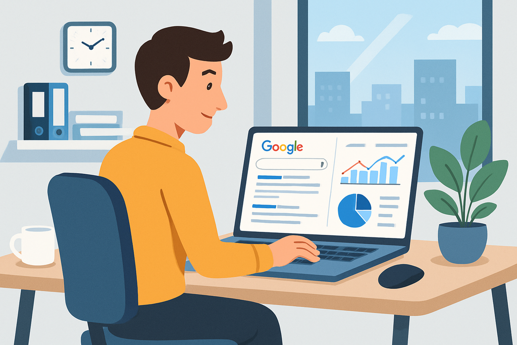 這張圖片展示了一位正在使用筆記型電腦的男性，他在網頁上查詢Google的資料，周圍有文件夾和植物，背景有大窗戶，顯示出城市的風景。這幅場景反映了人工智慧與網站經營的緊密關聯。