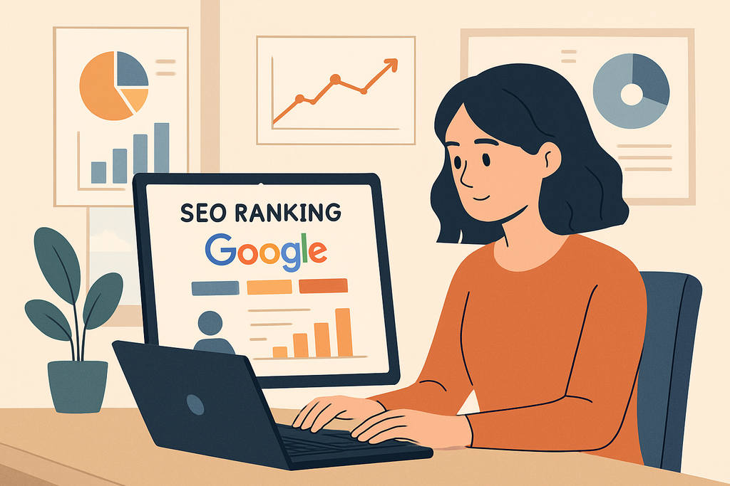 一位女性坐在桌前,使用筆記型電腦查看SEO排名和Google數據,旁邊有植物和多個圖表,顯示網站經營的關鍵指標。