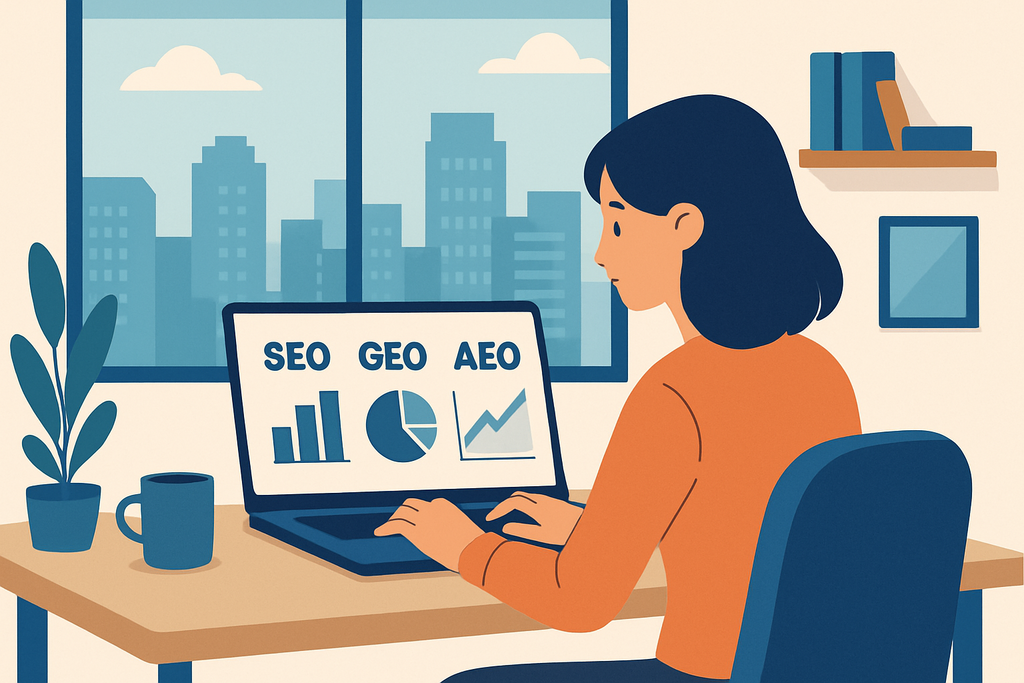 一位年輕女性坐在桌前，專注於螢幕上的數據分析圖表，顯示SEO、GEO和AEO的成效，她的旁邊有一盆綠色植物和一杯咖啡。這幅圖展示了如何運用人工智慧來提升網站經營效能。