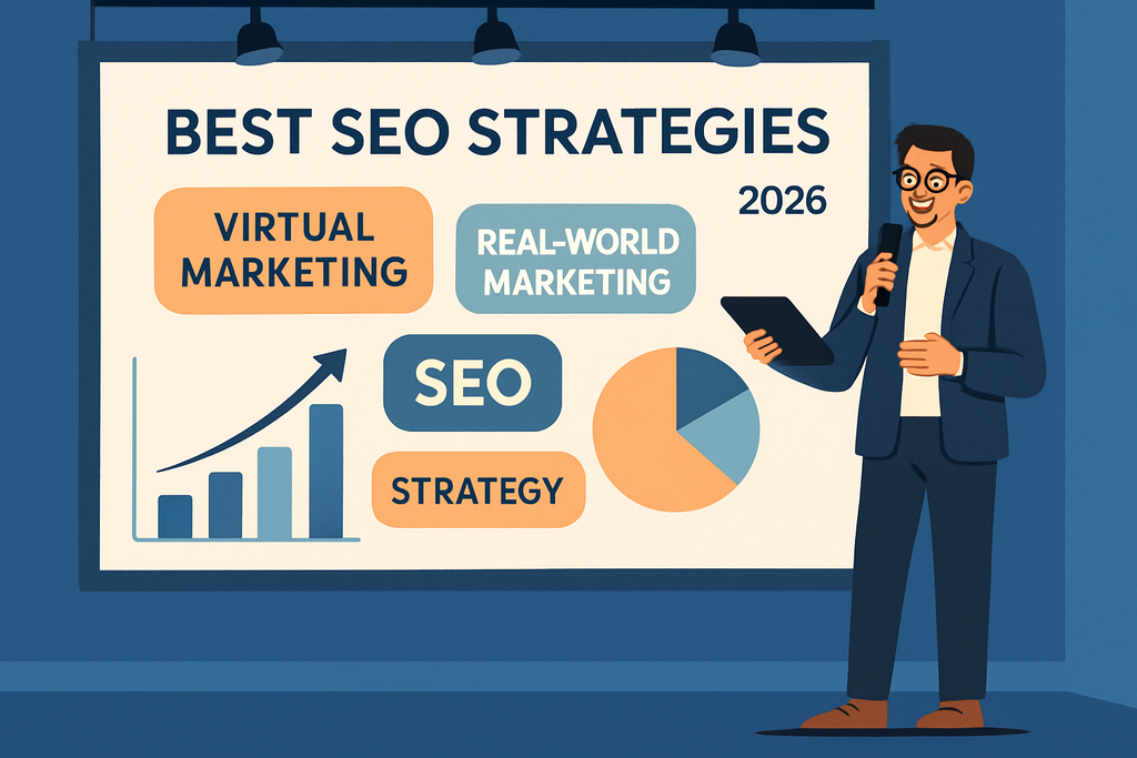 圖片顯示一位男性正在進行2026年最佳SEO策略的介紹，他手持平板電腦，背景是一個展示販賣虛擬行銷和真實行銷的圖表，圖表中還包含了SEO策略的成長趨勢和圓形圖。