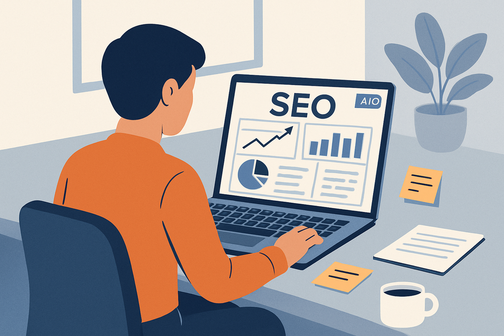 一位男性坐在桌前，專注於他的筆記型電腦，螢幕上顯示著關於人工智慧與網站經營的SEO數據圖表，背景有一盆綠色植物，桌上散落著記事紙和一杯咖啡，適合展示網頁設計與人工智能的結合。