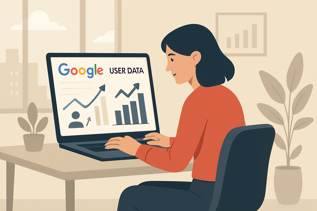 圖片中一位女性坐在辦公桌前，專注於電腦螢幕上顯示的Google用戶數據，畫面中有上升的數據圖表，表現出網站經營與數據分析的重要性，突顯人工智能在網頁設計中的作用。