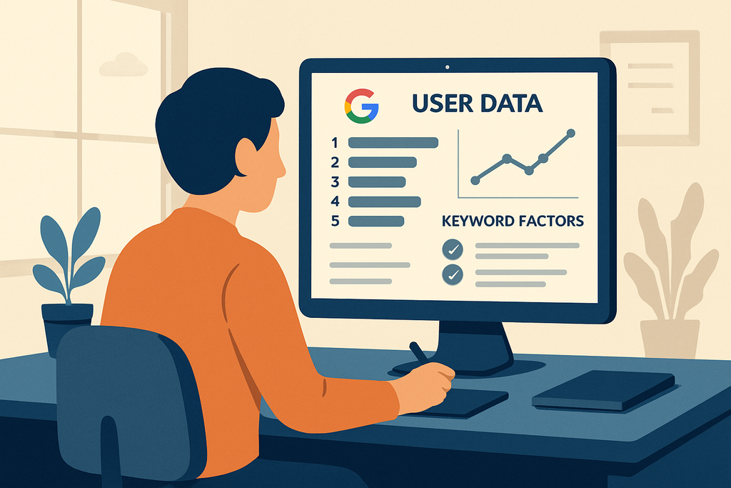 一位男性坐在桌前,專注地查看電腦螢幕上的用戶數據,螢幕顯示出關鍵字因素與數據走勢圖,旁邊有盆栽植物,整體環境顯得明亮而舒適,展示出現代網站經營的氛圍。
