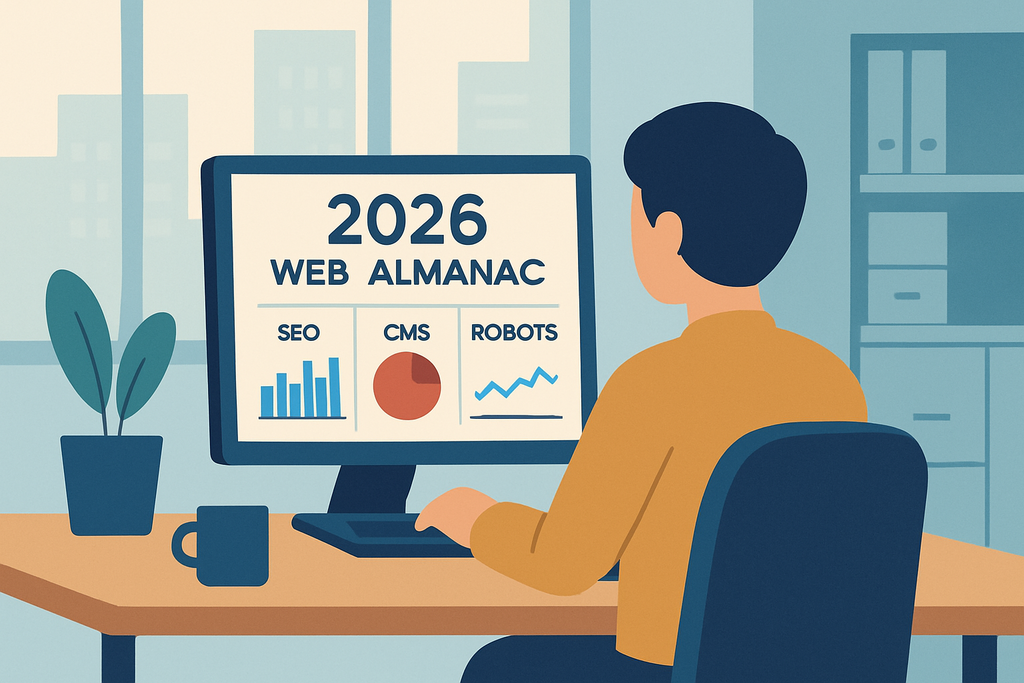 一位男性坐在辦公桌前，專注地看著電腦螢幕，上面顯示著2026年網站經營資料，涵蓋關於SEO、CMS和機器人等內容，周圍環境有綠色植物裝飾，展現現代辦公空間的氛圍。