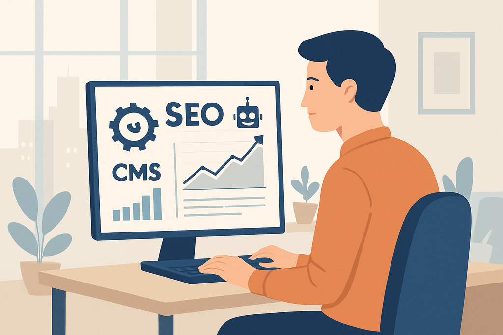 一位男士坐在桌前，專注地看著電腦螢幕，螢幕上顯示著關於人工智慧、網站經營和SEO的數據圖表，環境明亮且有植物裝飾，展現出專業的網頁設計氛圍。