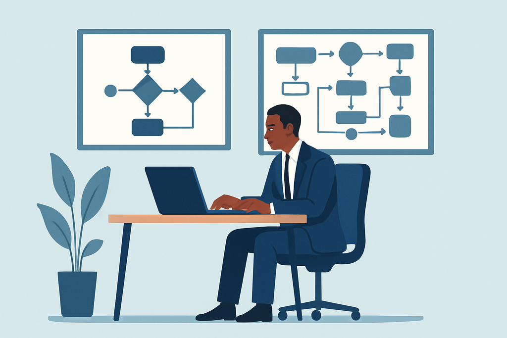 這張圖片展示一位穿著西裝的男士專注於他的筆記型電腦,背景牆上有流程圖,強調人工智慧在網站經營和設計中的應用,突顯商業環境中的人工智能發展。