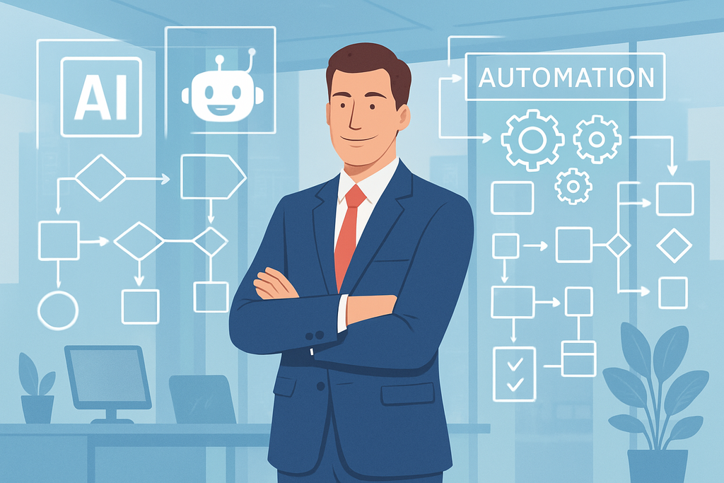 圖中是一位穿著西裝的商業專家,背景展示了人工智慧與自動化的流程圖,代表網站經營和網頁設計所需的科技。桌上擺放著電腦和綠色植物,顯示出現代辦公室的氛圍。
