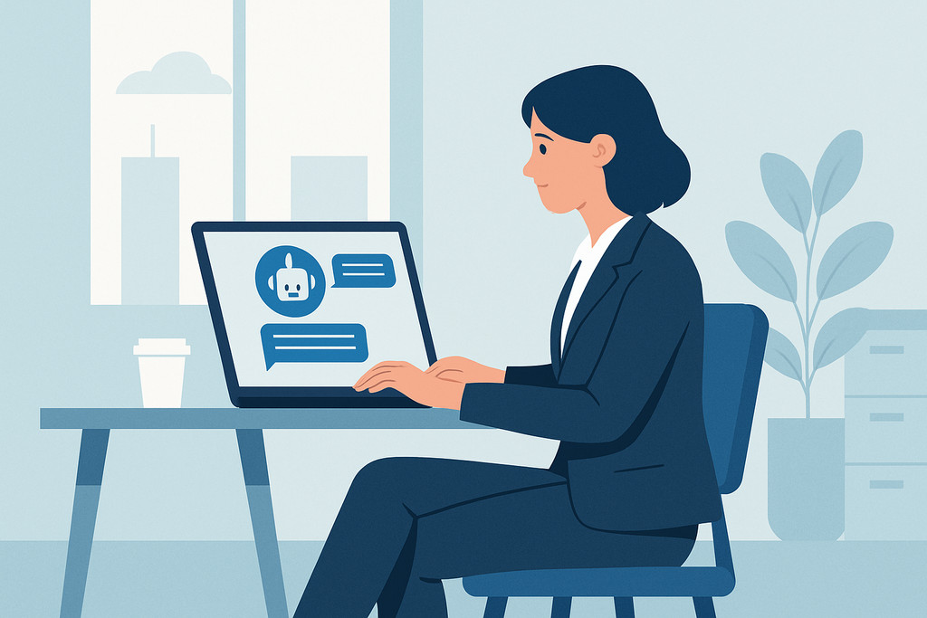 一位女性穿著西裝，坐在桌前使用筆記型電腦，螢幕上顯示與人工智慧聊天機器人的對話，背景是辦公室內景，窗外可見城市景觀，強調網站經營中的AI應用。