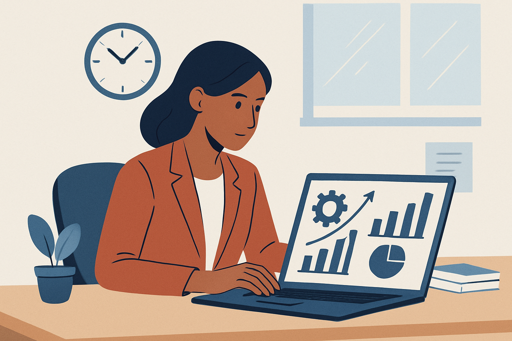 這張圖片展示一名女性坐在辦公室內，專注於筆記型電腦上的數據分析圖表，還有齒輪圖案，象徵著人工智慧在網站經營中的應用。後方可見的時鐘和植物增添了舒適的工作環境，強調有效的網頁設計和網站架設。