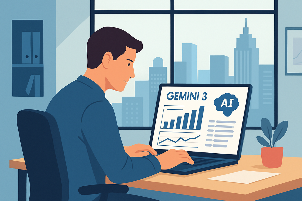 一名男性在辦公室工作,專注於筆記型電腦螢幕顯示的人工智慧數據與圖表,背景是城市景觀,展現出現代科技與網站經營的結合。