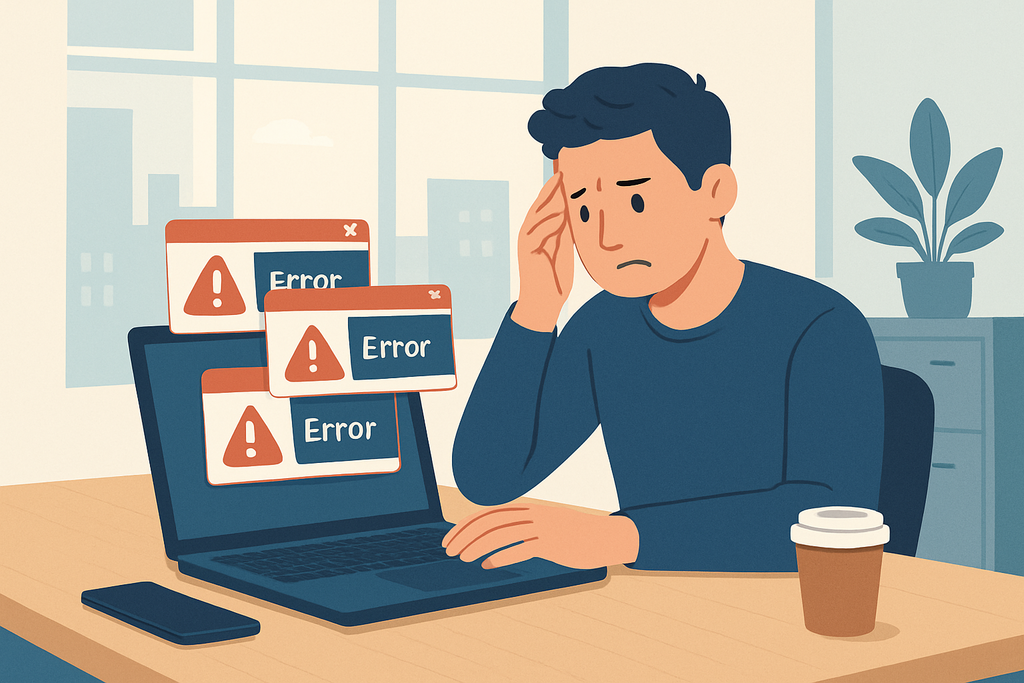 一名男性坐在辦公桌前,面露困惑與焦慮的表情,電腦屏幕上顯示多個「錯誤」提示框,彰顯在網站經營過程中可能遇到的問題,並顯示人工智慧在網站架設中的挑戰。