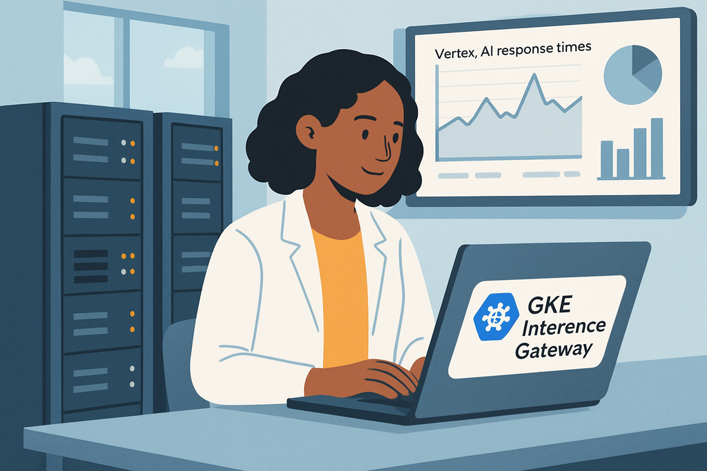 圖片展示一位專注的女性專家，正坐在充滿伺服器的工作室中，操作著顯示人工智慧反應時間的筆記型電腦，旁邊的螢幕上顯示出數據圖表，強調她在人工智能和網站經營領域的專業。