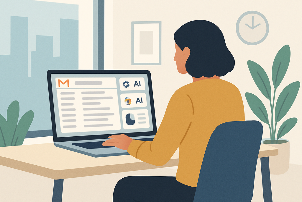 這張圖片描繪一名女性坐在辦公桌前,專注地使用筆記型電腦,螢幕上顯示網站經營和人工智慧相關的內容。窗外景色模糊,植物裝飾為室內環境增添生氣。