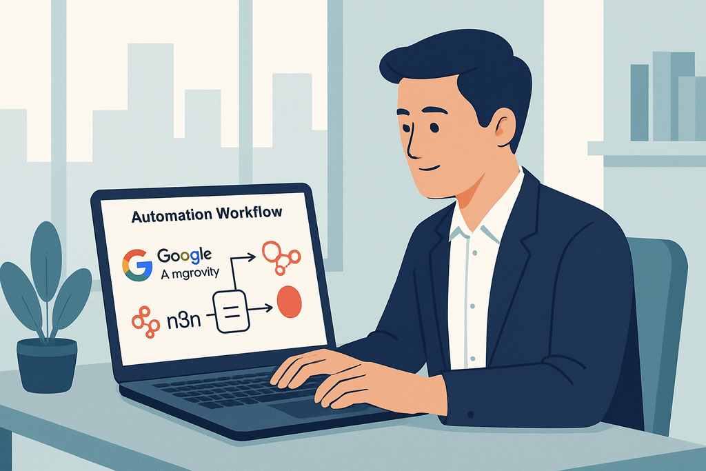 這張圖片展示一位男士坐在辦公桌前,專注於電腦螢幕上的人工智慧自動化工作流程。他的畫面旁邊顯示了Google和n3n的標誌,內容呈現出如何利用人工智能和自動化技術提升網站經營效率。