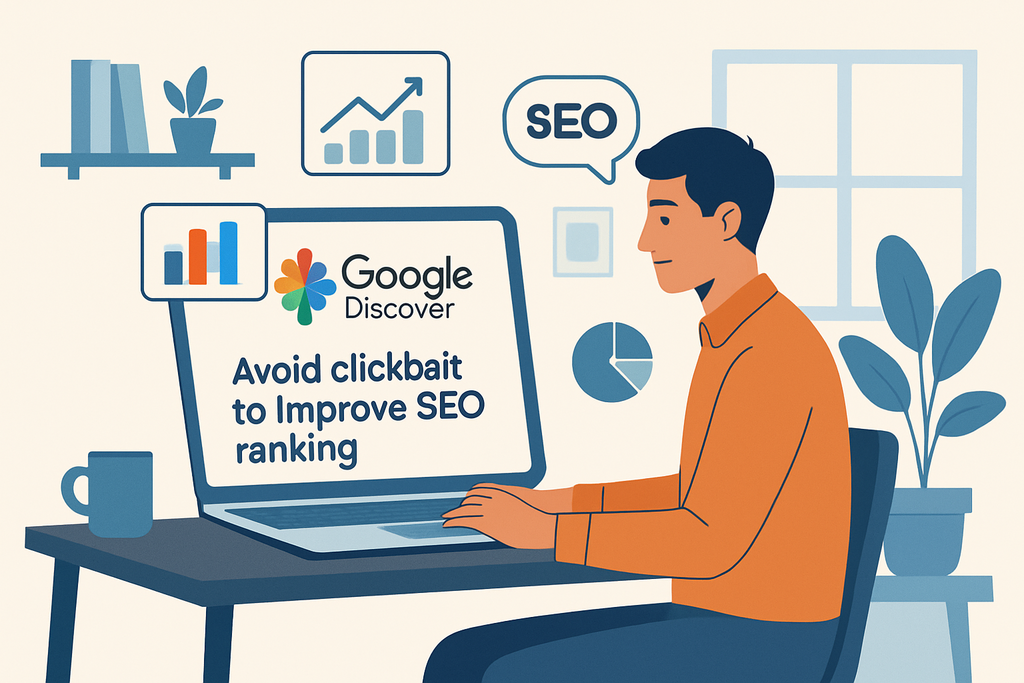 一位男子坐在桌前，專注於電腦螢幕，螢幕上顯示著「避免誘餌標題以提高SEO排名」的文字，背景中有書架和植物，傳遞出利用人工智能改善網站經營的氛圍。