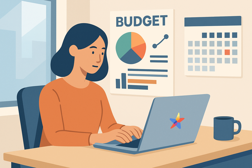 一名女性正坐在辦公桌前使用筆記型電腦，旁邊有一個標示「預算」的海報，上面顯示了圖表和數據，桌上還有一杯咖啡和一個日曆，場景展現出人工智能在網站經營中的應用。