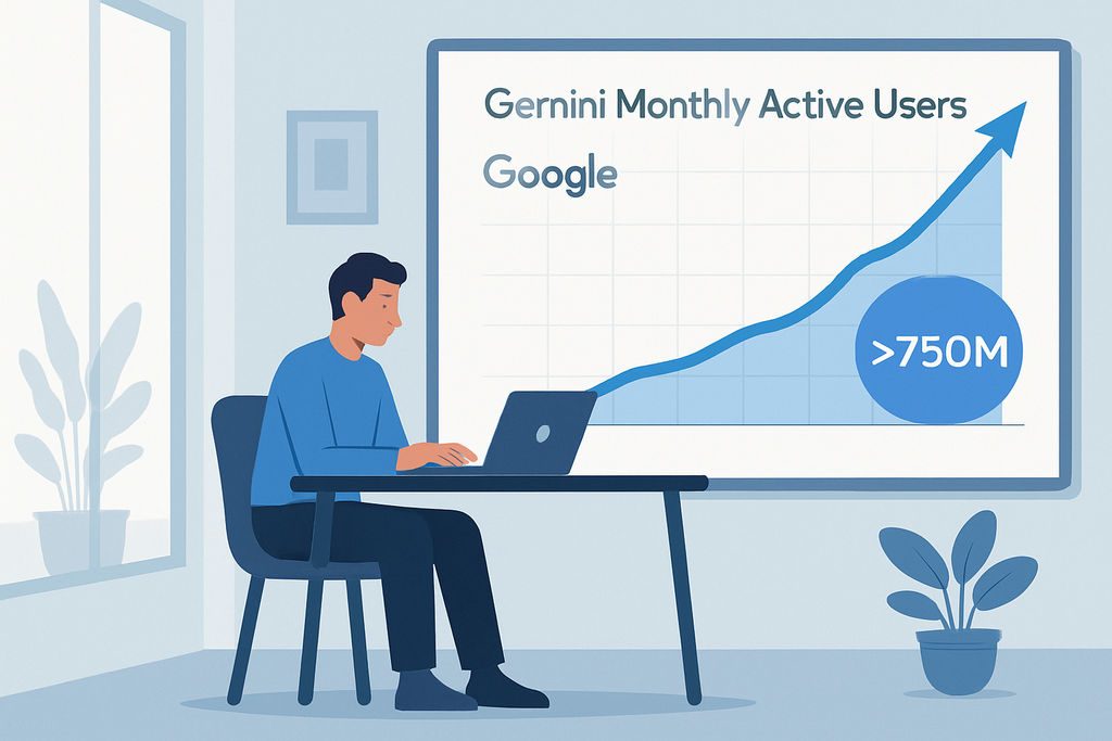 圖片展示一位男士坐在桌前，專注於筆記型電腦螢幕，背景的白板上顯示著 Google 每月活躍使用者的增長趨勢圖，顯示使用者數量超過 750M，強調人工智慧在網站經營中的重要性。