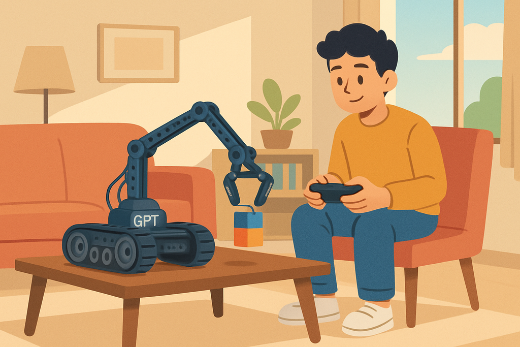 圖片中一名男孩正坐在家中沙發上,手持遊戲控制器,與一台名為GPT的人工智慧機器人互動。這台機器人利用人工智能技術,正在操作一個彩色積木,展示出網站經營與人工智能的融合應用場景。