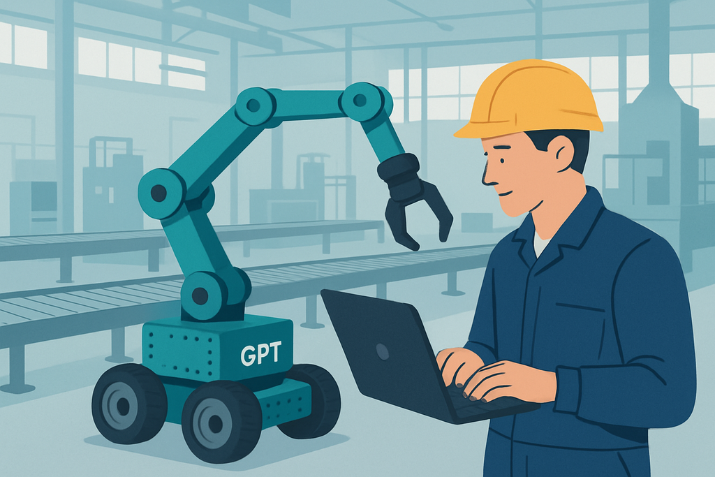 在工廠裡,一位工程師正專注於他的筆記型電腦,旁邊有一台可編程的人工智能機器人正在運作。這幅圖片展現了人工智能在現代化工廠中的應用,特別是在網站經營和網頁設計方面的潛力。