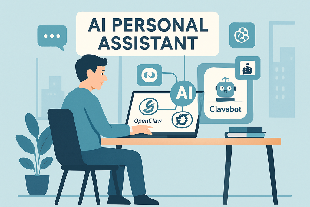 一位男性坐在桌前,操作筆記型電腦,螢幕上顯示著「AI PERSONAL ASSISTANT」的字樣,展示著多個人工智慧應用程式的圖示,如OpenClaw和Clavabot,周圍環境簡約且明亮,適合進行網站經營與設計。