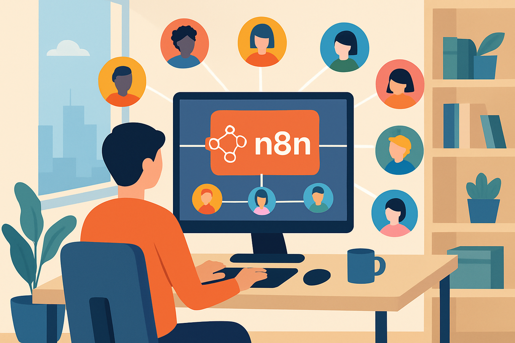 一名使用者坐在電腦前，透過螢幕參與人員互動會議，畫面上顯示多位參與者的頭像與連結，展現人工智慧在網站經營中的應用，讓數位溝通更加便利。