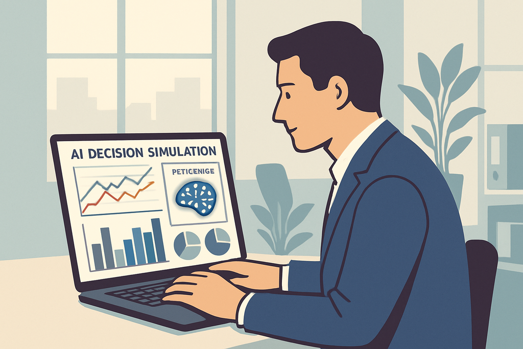 圖片顯示一位男士坐在辦公室中，專注地使用電腦進行人工智慧決策模擬，畫面上顯示著各種數據圖表，顯示他正在進行網站經營分析與人工智能應用的工作。