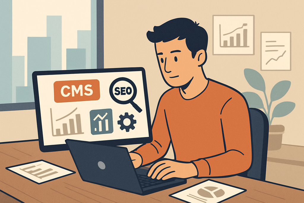 一名專注的男士坐在辦公桌前,使用筆記型電腦進行網站經營與網頁設計,螢幕上顯示「CMS」和「SEO」的圖示,背景有城市風景和數據圖表,顯示他在分析網站流量和表現。