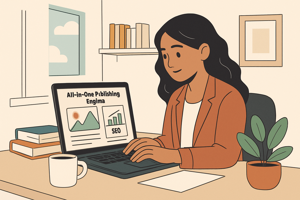 在明亮的辦公室裡,一位女性正坐在桌前使用筆記型電腦進行網站經營。螢幕上顯示一個與「SEO」和「全方位出版」相關的網頁設計,桌上放有幾本書和一杯咖啡,窗外可見藍天白雲,增添了輕鬆的工作氛圍。