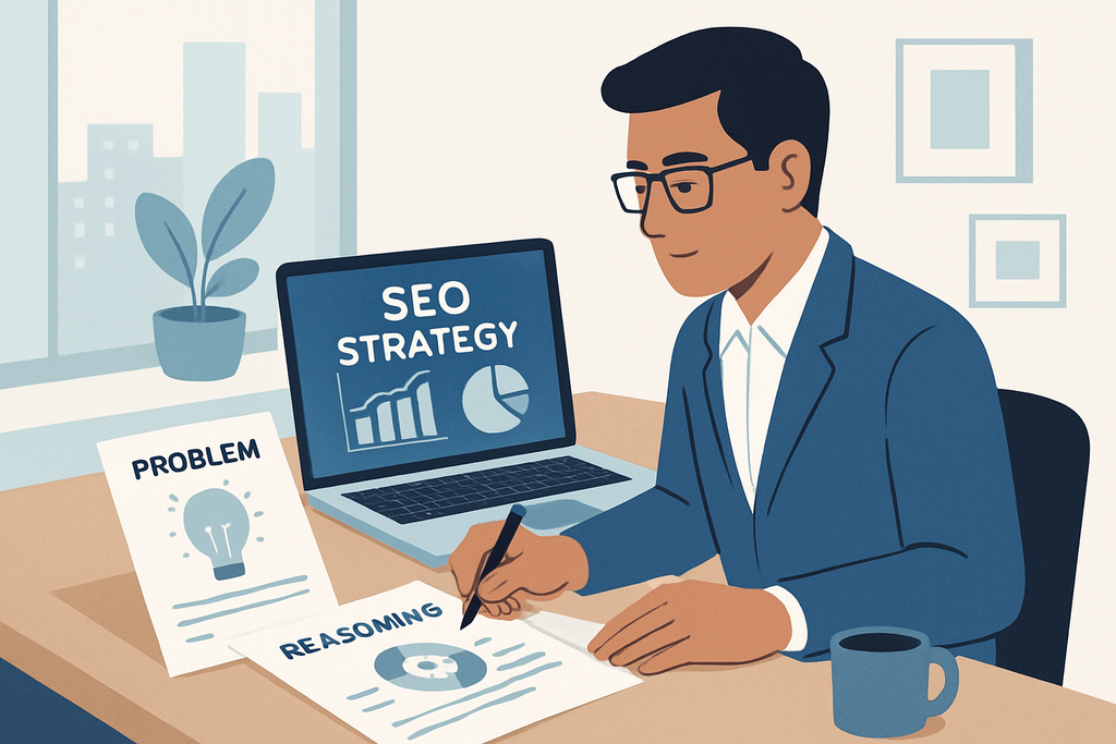 一位穿著西裝的男性正在筆記本電腦前工作，螢幕上顯示「SEO策略」及圖表，旁邊擺放著寫有「問題」和「推理」的文件，桌上還有一杯咖啡及一盆植物，展示了網頁設計及網站經營的專業氛圍。