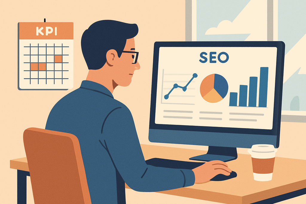 一名專業人士坐在辦公桌前，面對顯示出SEO數據分析的電腦螢幕，螢幕上展示了各類數據圖表，旁邊有一杯咖啡，背景為一個標示“KPI”的日曆，環境明亮且充滿工作氣息，這幅畫面展現了人工智慧在網站經營中的重要性。