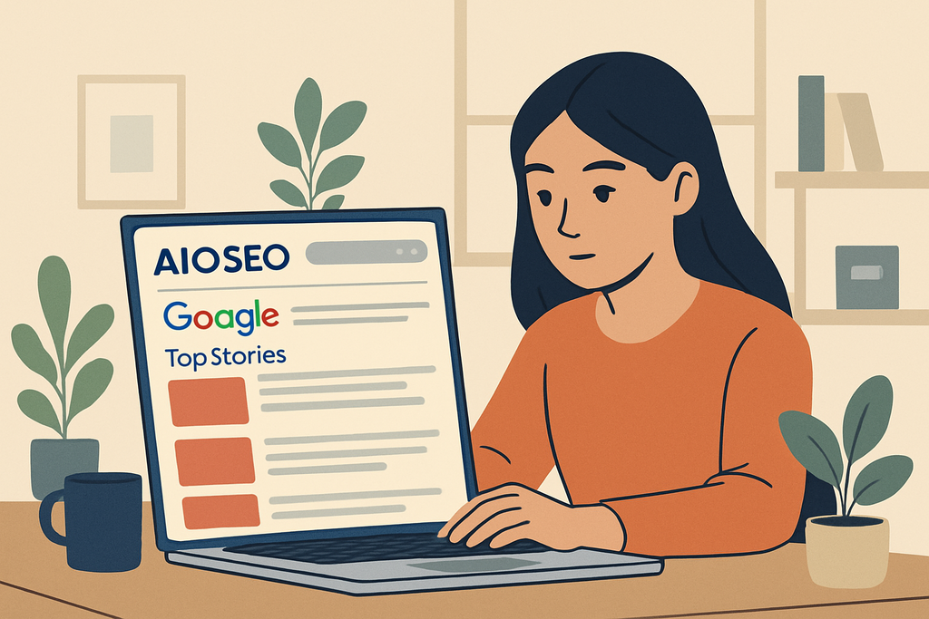 圖片中,一位女性正在使用電腦進行網站經營和設計,螢幕上顯示著AI與SEO相關的內容,背景擺放著幾盆植物,仿佛在展現一個舒適的工作環境,凸顯人工智慧在現代網站架設中的重要性。