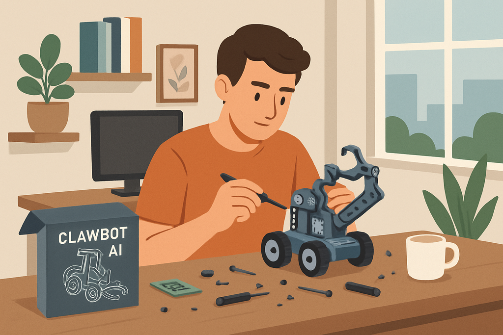 圖中一位男性正在細心組裝名為「CLAWBOT AI」的機器人,桌上散落著零件,旁邊有一台電腦與一杯咖啡,顯示出他在利用人工智慧進行創意設計的過程。