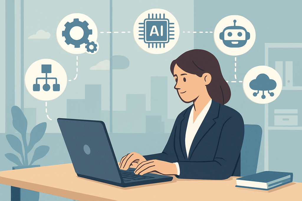 一位女性正坐在桌前使用筆記型電腦,周圍顯示與人工智慧相關的圖示,包括機器人、雲端和系統架構,展現出網站經營與人工智能的應用情境。