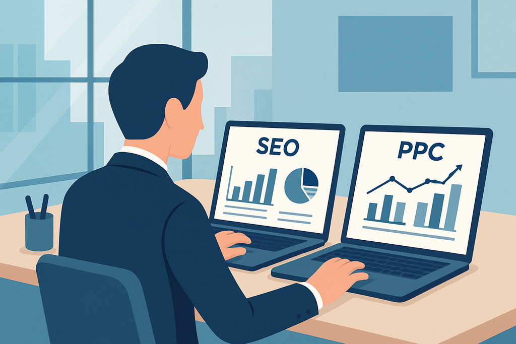 一位商務人士正坐在辦公桌前,專注於兩台筆記型電腦的螢幕,左側顯示SEO數據圖表,右側顯示PPC成效分析。背景是一間現代化的辦公室,強調人工智慧在網站經營中的應用。