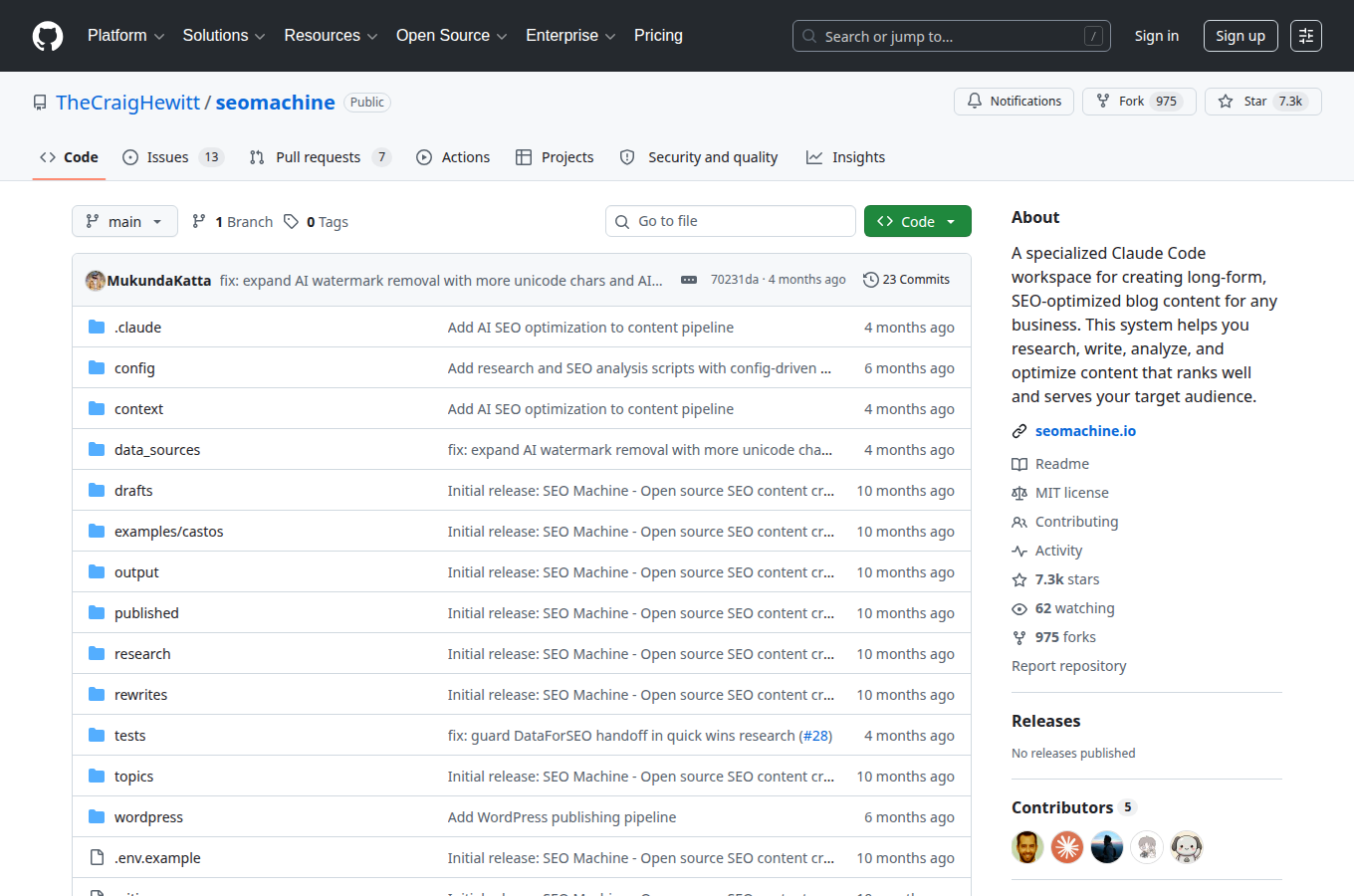 TheCraigHewitt/seomachine 在 GitHub 的專案首頁。對照正文「AI SEO 內容工廠/seomachine」相關說明,可查看 README、目錄結構與倉庫入口。