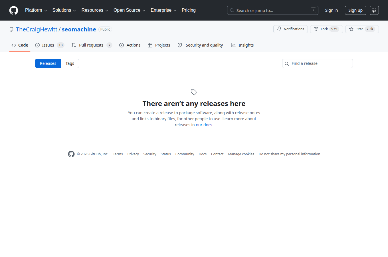 TheCraigHewitt/seomachine 的 Releases 分頁,列出正式版本與更新說明,方便核對文中提到的版號。
